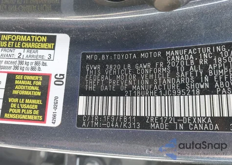 2018 Toyota Corolla Le from USA, damaged, VIN 2T1BURHE1JC995218